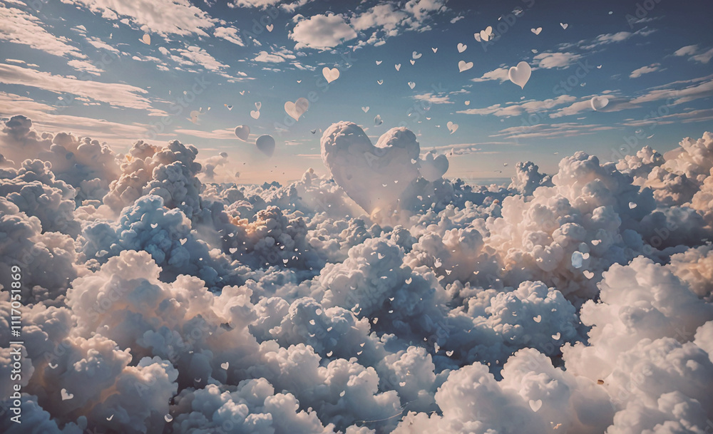 Aufkleber cloud filled with white clouds and hearts. the clouds are scattered throughout the sky