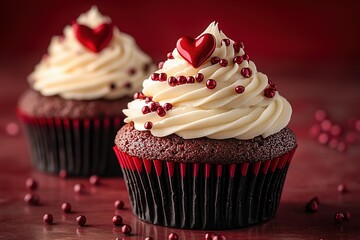 Two chocolate cupcakes with vanilla frosting and red heart decorations on a red background.
