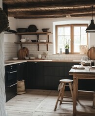 Rustic Kitchen With Dark Cabinets Wooden Beams And Farmhouse Style