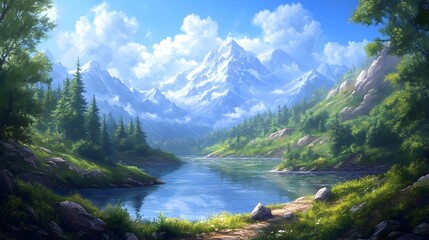 Fototapeta premium Serene mountain lake landscape with lush greenery and snow-capped peaks under a bright sky.