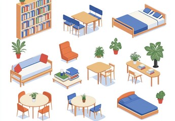 Flat vector illustrations of home decor, including beds, tables, and plant arrangements.