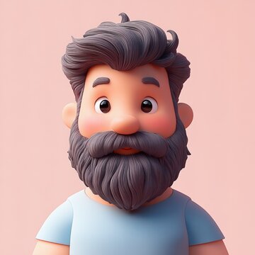 Kawaii smiling bearded man character portrait, happy positive avatar in blue tank top, cartoon style, casual attire, fitness athlete on pink background