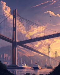 Obraz premium A stunning sunset view of a bridge over a river with ships nearby.