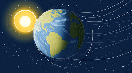 Earth axis diagram illustration showing the tilt of the Earth's rotational axis relative to its orbital plane, explaining the cause of seasonal changes and the distribution of sunlight.