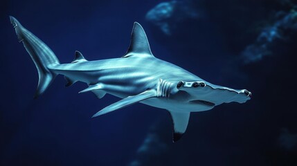 A hammerhead shark swimming gracefully in deep blue waters.