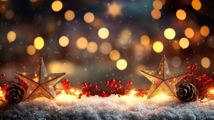 Festive Christmas scene with illuminated stars, snow, berries, and pine cones against a bokeh background.