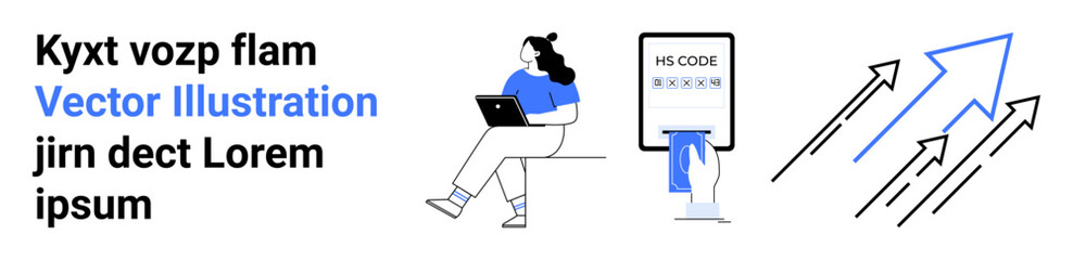 Person sitting with a laptop, a phone displaying a secure code, and upward arrows. Themes Ideal for technology, productivity, security, digital growth, innovation, business success, and futuristic