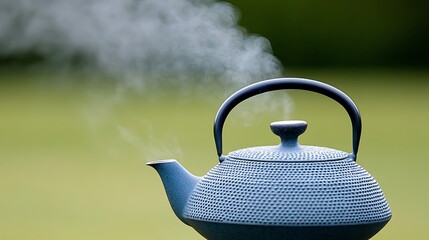 Steaming Blue Cast Iron Teapot Outdoors