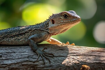 Fototapeta premium A close-up of a lizard resting on a log in natural light.