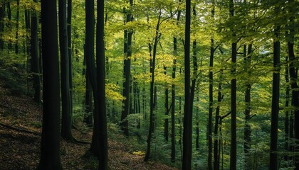 Obraz premium Lush green forest with tall trees and vibrant foliage.