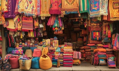 A vibrant market display of colorful textiles and woven goods.