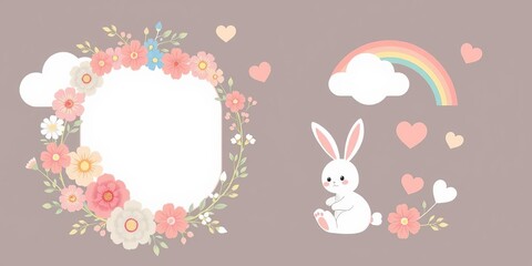 Cute vector pastel cards set for baby room decoration with bunny head, floral wreath, rainbow, hearts, cloud, flowers in flat cartoon style, vector, flowers