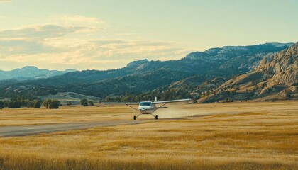 A small aircraft landing on a grassy airstrip surrounded by mountains.