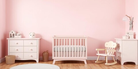 Decorative wooden dresser in pink baby room with toy chair in background, furniture, wall