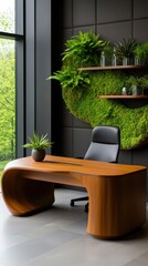 Fototapeta premium Modern Office Space with Wooden Desk & Greenery Accent