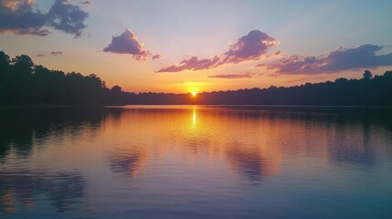 Fototapeta premium Serene sunset over a calm lake reflecting vibrant colors.