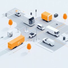 A modern, stylized illustration of an urban intersection featuring various vehicles and traffic elements in a minimalist design.
