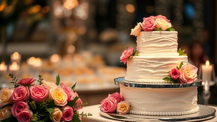 Delicious three tier wedding cake with fresh flowers for celebrations and special occasions, luxury, special occasions