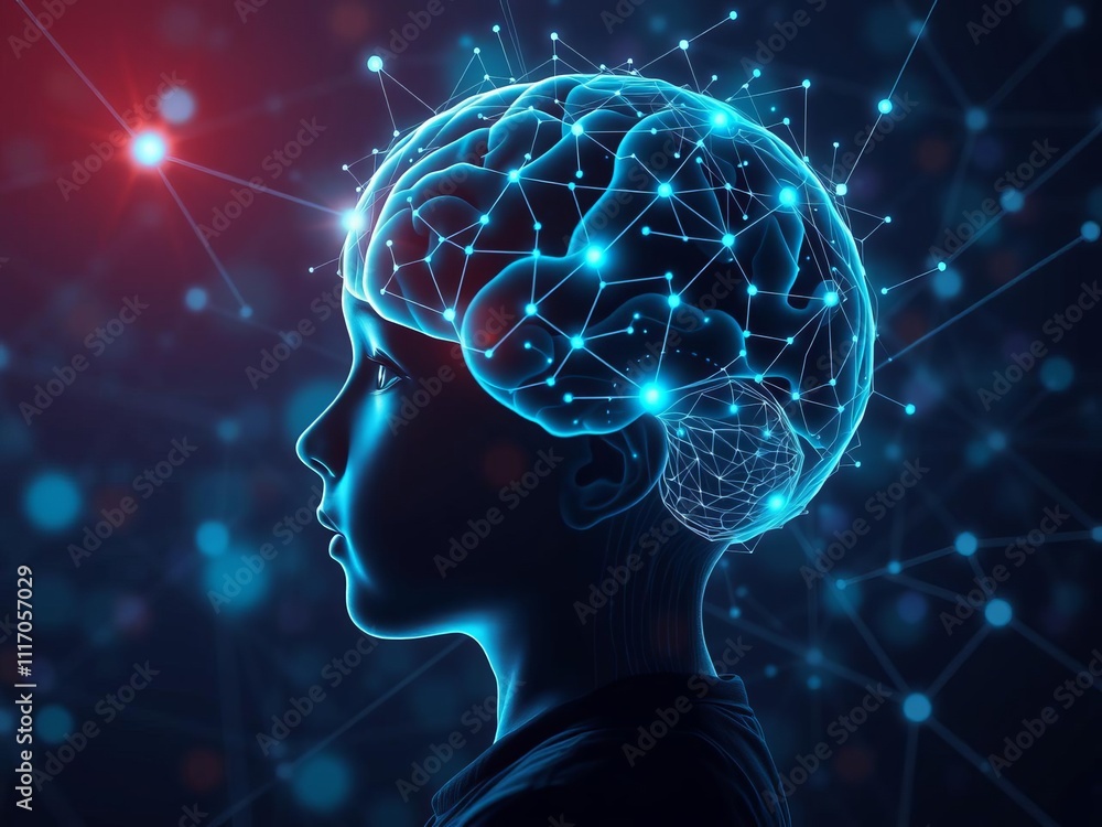 Aufkleber digital hologram of a child's brain neuron network illuminated in vivid colors, showcasing the compl