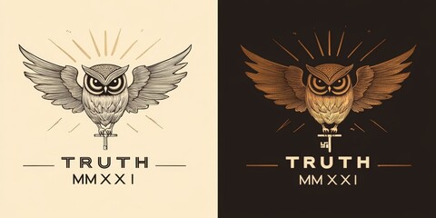 Owl logo design with key and wings in gold on dark brown and light beige backgrounds, representing wisdom and truth.
