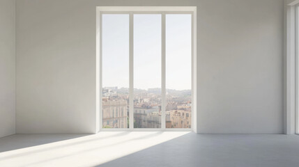 Obraz premium bright, minimalistic interior with large windows showcasing city skyline view. open space creates serene atmosphere, perfect for relaxation or inspiration