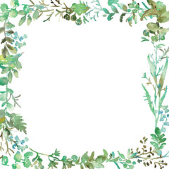 水彩画。水彩タッチの緑の植物イラスト。緑の葉っぱと草木のベクターフレーム。手書きの水彩草木背景。Watercolor painting. Green plant illustration with watercolor touch. Green leaves and grass vector frame. Hand drawn watercolor grass tree background.