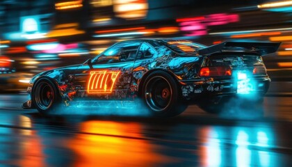 A vibrant, neon-lit car speeding through a city at night.