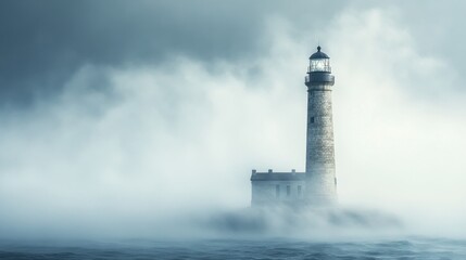 A lighthouse stands amidst foggy waters, guiding ships through storms.