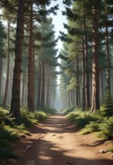Forest path winds through pine and deciduous trees, greenspace, winding
