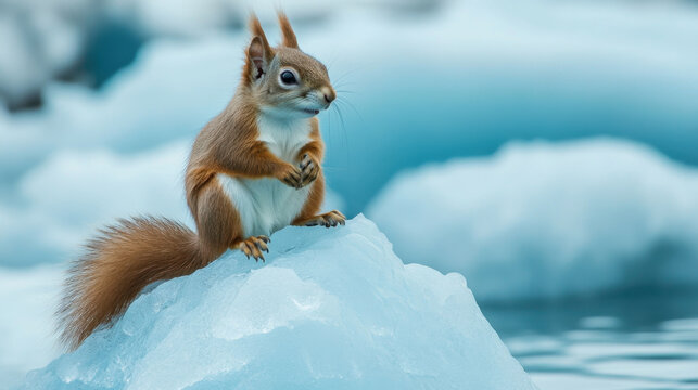 squirrel sitting on iceberg, surrounded by icy blue water, showcases unique and serene moment in nature. animal fur contrasts beautifully with icy landscape, creating captivating scene