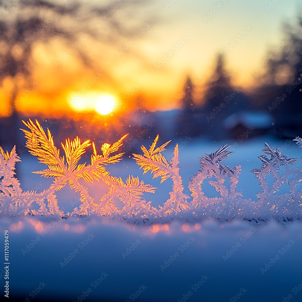 Poster intricate frost patterns on a windowpane illuminated by a vibrant sunset.