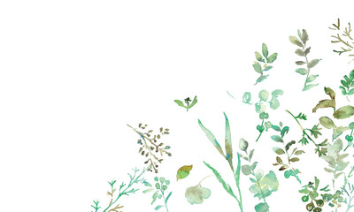 水彩画。水彩タッチの緑の植物イラスト。緑の葉っぱと草木のベクターフレーム。手書きの水彩草木背景。Watercolor painting. Green plant illustration with watercolor touch. Green leaves and grass vector frame. Hand drawn watercolor grass tree background.
