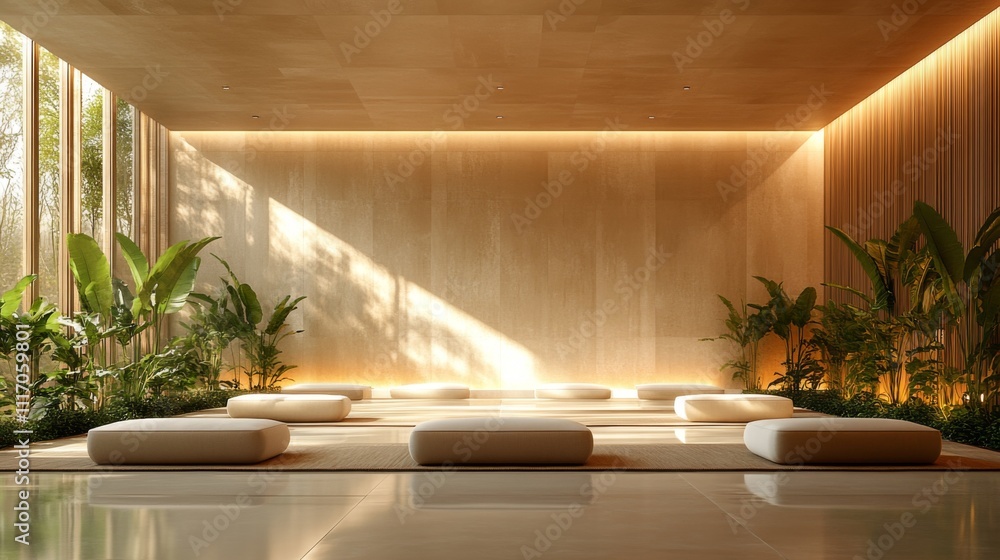 Poster a peaceful meditation area with soft cushions arranged on a polished floor, surrounded by lush green