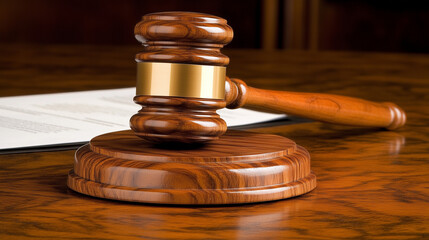 Obraz premium Close-up of a gavel on a wooden desk surrounded by legal documents, symbolizing a corporate lawsuit and legal decision-making process.