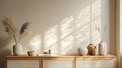 Minimalist Wooden Sideboard and Decor in Cozy Scandinavian Living Room with Natural Lighting