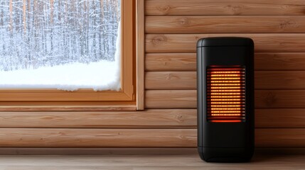 Winter heating and heater cozy, A sleek black heater stands next to a window, with snow visible outside, providing warmth and comfort in a cozy wooden interior.