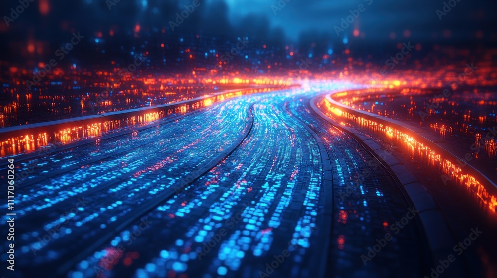 Poster futuristic cyberpunk digital landscape with glowing blue binary code streaming downward and dramatic