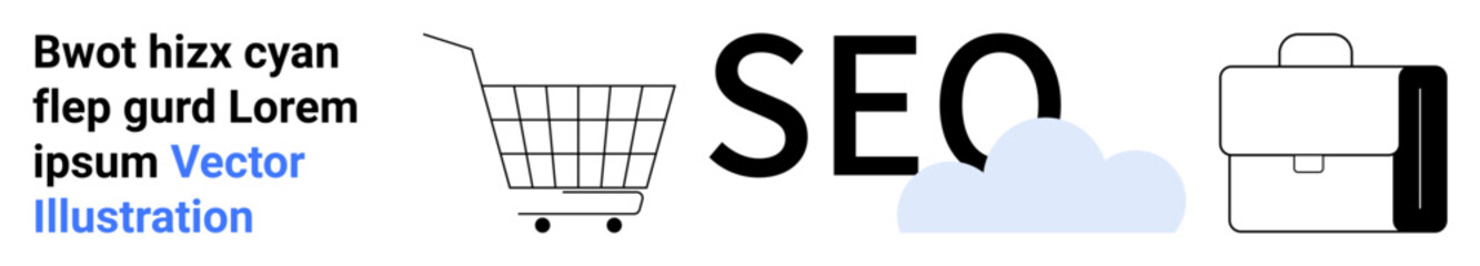 Shopping cart, SEO text with cloud, and briefcase representing e-commerce, search engine optimization, and business. Ideal for digital marketing, e-commerce, SEO strategy, online business, market