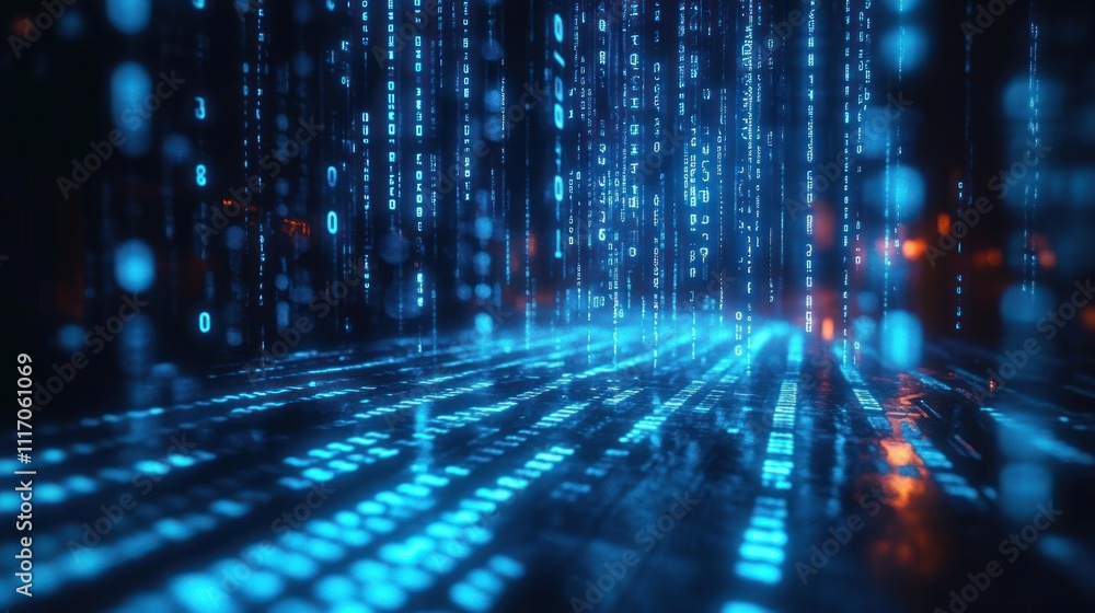 Poster futuristic digital landscape with glowing blue binary code cyberpunk art depth and movement high con