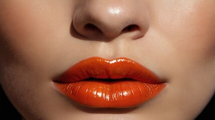Naklejka premium Glossy Orange Lips - Vibrant Close-Up Beauty Shot