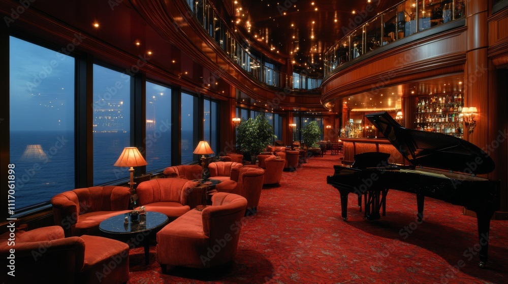 Poster the luxurious lounge features plush seating arranged around a grand piano, illuminated by soft light