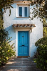 Serene Cottage in Golden Hour Light with Turquoise Door and Lush Greenery