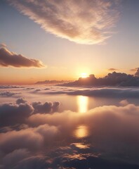 Obraz premium Gentle sunlight filters through thin clouds above the horizon at sunrise, gentle illumination, calm morning