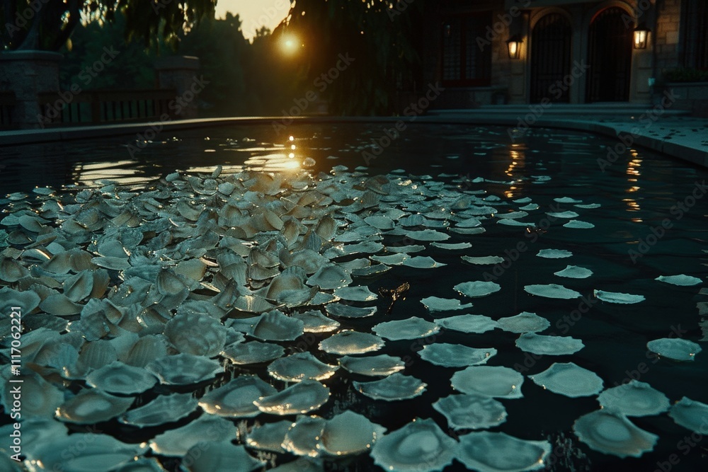 Poster a pond with a lot of shells floating on the surface