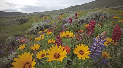 Fototapeta premium wide, untouched wilderness with rolling hills and vibrant wildflowers, representing a new covenant for sustainable living and harmony with nature. New Covenant Land 