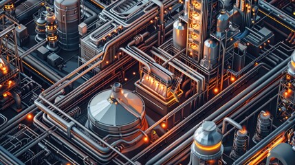 Isometric view of a complex industrial facility with interconnected pipes, tanks, and glowing elements.