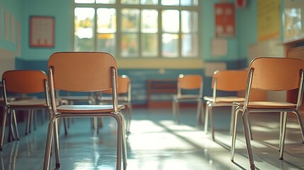 Empty classroom chairs in bright school environment educational space