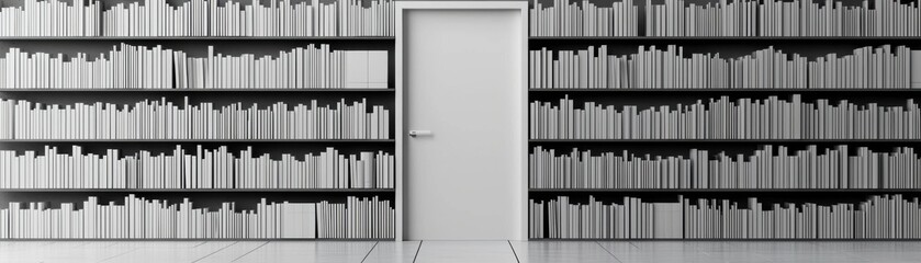 A minimalist scene featuring a white door surrounded by rows of books, conveying a sense of knowledge and exploration.