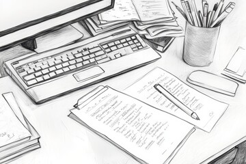 Monochrome Illustration of Research Materials on Desk