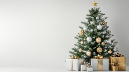 Elegant Christmas Tree with Gold and Silver Ornaments and Gifts Underneath a Minimalist White Background